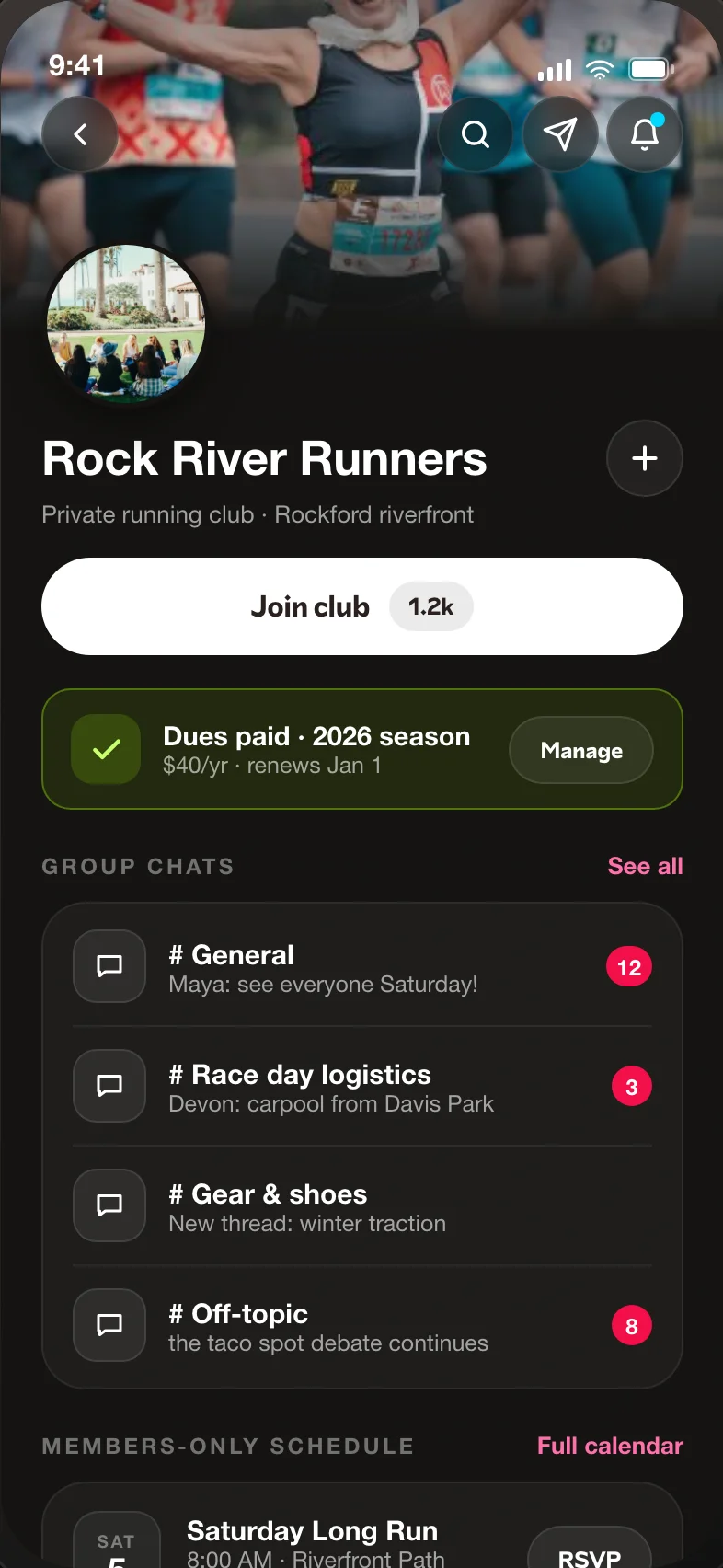 A club page with dues, group chats, and a members-only schedule