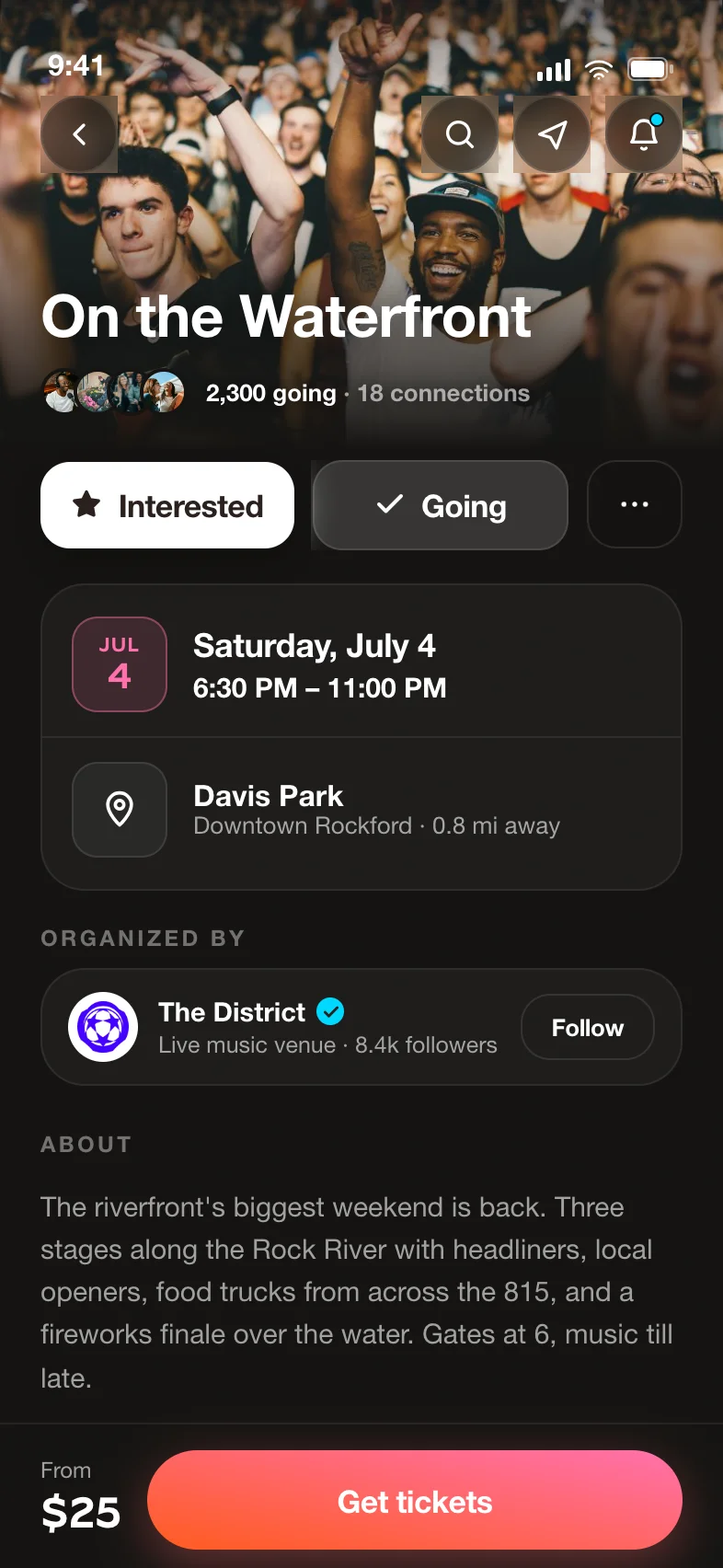 An event page with tickets, location, and organizer