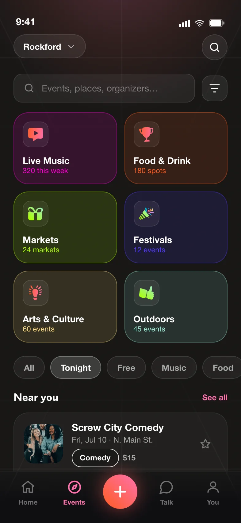 Browsing events by category across the 815