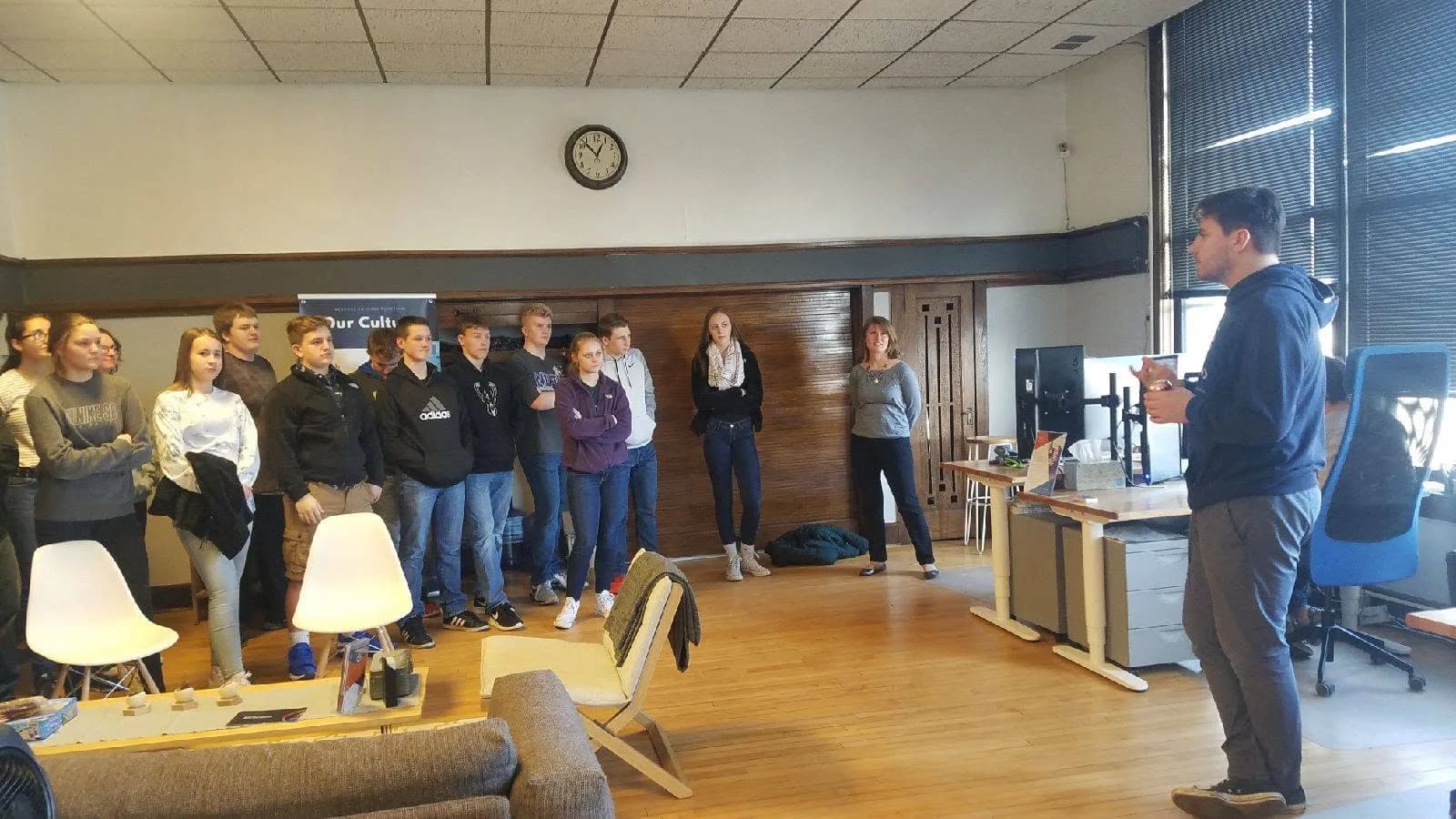 Talking to a student group touring the Audentio office