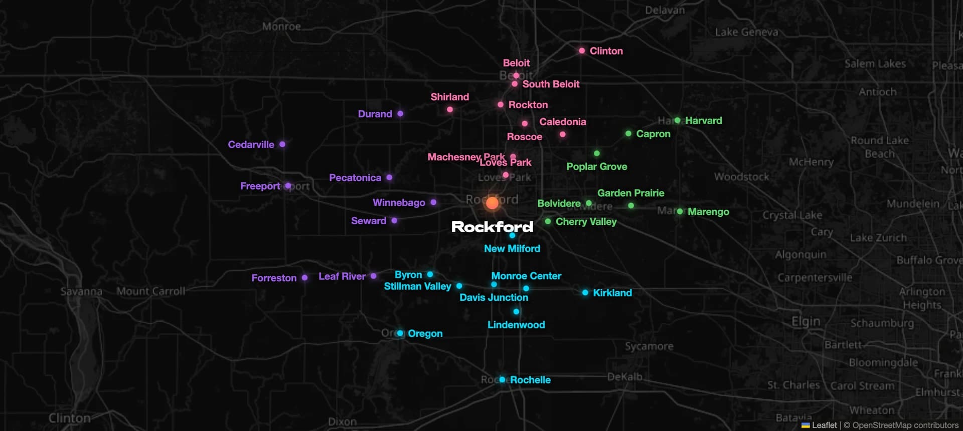 The 45 towns of the 815, colored by position relative to Rockford